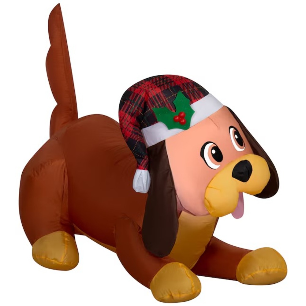 3.5' Long Outdoor Christmas Inflatable Playful Hound Dog in Tartan Santa Hat NEW